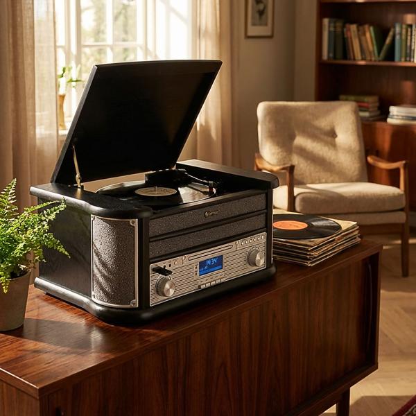 Elegant retro music center – DAB+ FM radio, turntable, cassette deck, CD, USB recorder & AUX – nostalgic hi-fi system with rich sound
