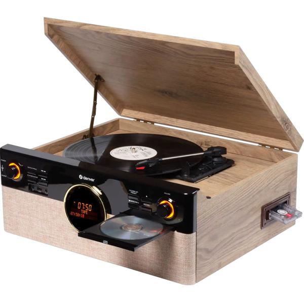 Chaîne musicale rétro : platine vinyle, radio DAB+/FM, CD, cassette, Bluetooth 5.3 et enregistrement USB. Élégante chaîne stéréo avec 2 x 90W et télécommande