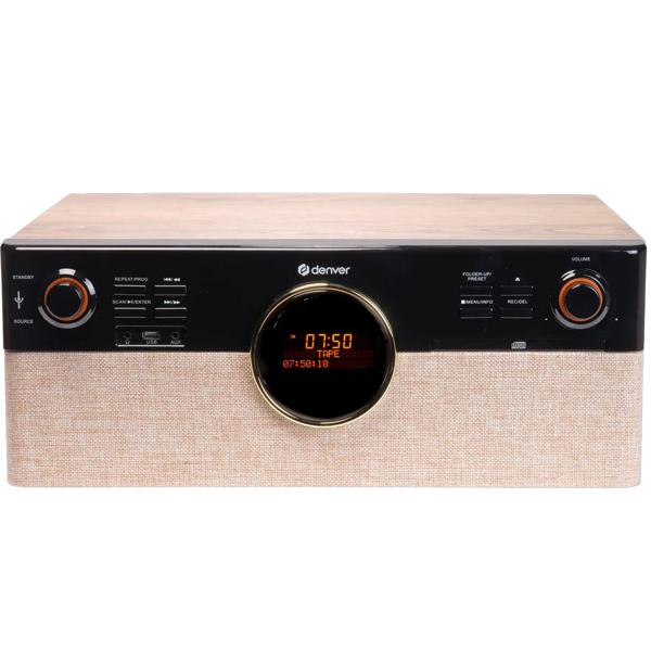 Chaîne musicale rétro : platine vinyle, radio DAB+/FM, CD, cassette, Bluetooth 5.3 et enregistrement USB. Élégante chaîne stéréo avec 2 x 90W et télécommande