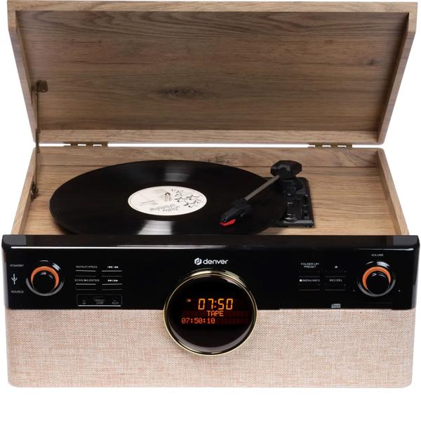 Chaîne musicale rétro : platine vinyle, radio DAB+/FM, CD, cassette, Bluetooth 5.3 et enregistrement USB. Élégante chaîne stéréo avec 2 x 90W et télécommande