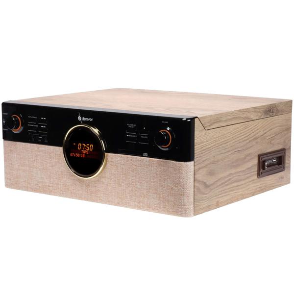 Chaîne musicale rétro : platine vinyle, radio DAB+/FM, CD, cassette, Bluetooth 5.3 et enregistrement USB. Élégante chaîne stéréo avec 2 x 90W et télécommande