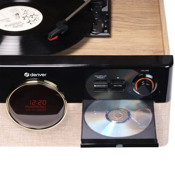 Chaîne musicale rétro : platine vinyle, radio DAB+/FM, CD, cassette, Bluetooth 5.3 et enregistrement USB. Élégante chaîne stéréo avec 2 x 90W et télécommande