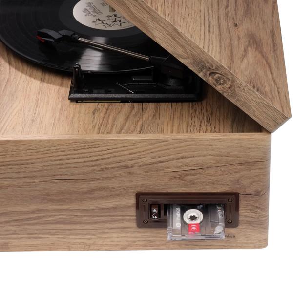 Chaîne musicale rétro : platine vinyle, radio DAB+/FM, CD, cassette, Bluetooth 5.3 et enregistrement USB. Élégante chaîne stéréo avec 2 x 90W et télécommande
