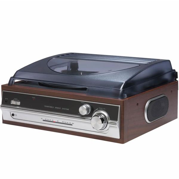 Retro Plattenspieler in Holz-Optik mit FM-Radio & eingebauten Lautsprechern - Vintage Schallplattenspieler & edles Musik-System für erstklassigen Sound