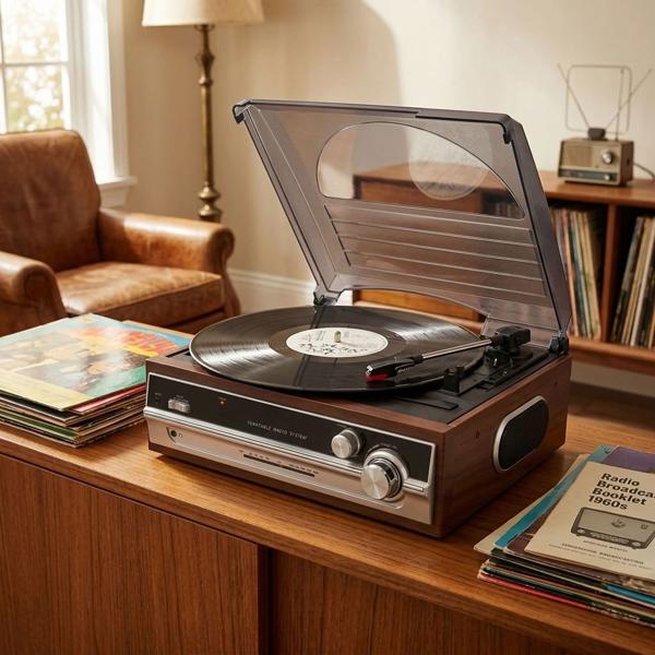Retro Plattenspieler in Holz-Optik mit FM-Radio & eingebauten Lautsprechern - Vintage Schallplattenspieler & edles Musik-System für erstklassigen Sound