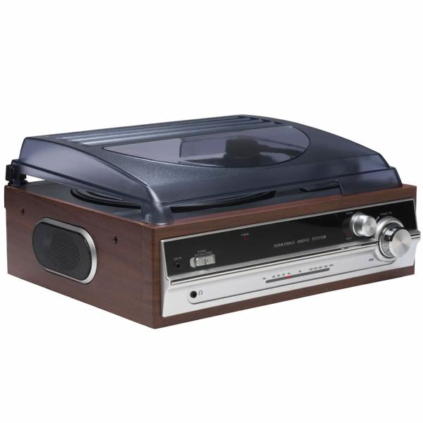 Retro Plattenspieler in Holz-Optik mit FM-Radio & eingebauten Lautsprechern - Vintage Schallplattenspieler & edles Musik-System für erstklassigen Sound