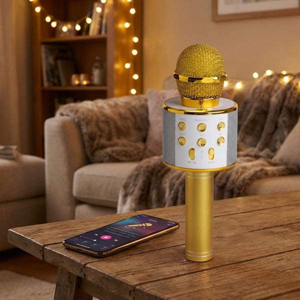 Wireless karaoke microphone with speaker gold – Bluetooth 5.0 for singing & party fun – superb sound quality 3–4 hrs USB/AUX/MicroSD