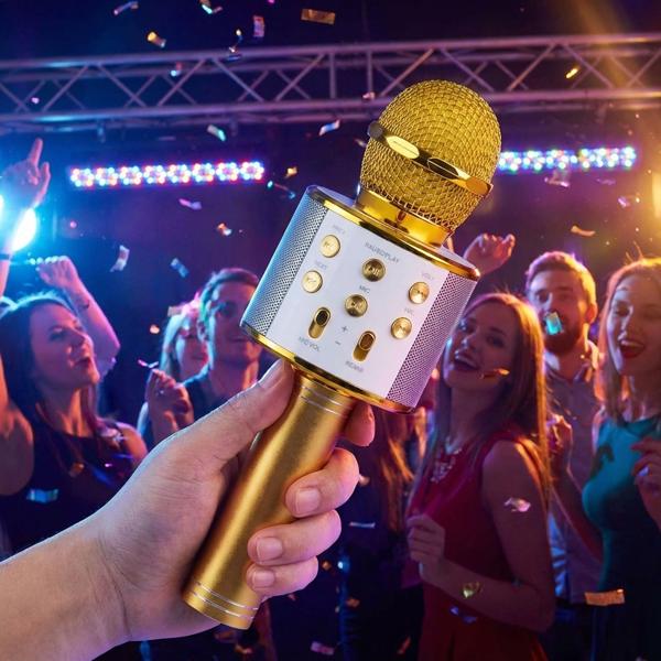 Wireless karaoke microphone with speaker gold – Bluetooth 5.0 for singing & party fun – superb sound quality 3–4 hrs USB/AUX/MicroSD