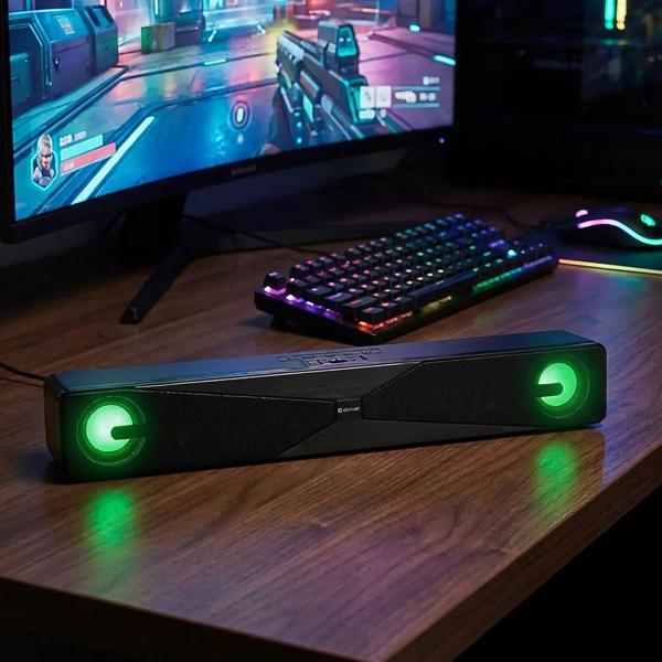 Mini barre de son Bluetooth 5.0 avec éclairage LED et support pour smartphone, parfaite pour PC/TV/gaming - éclairage LED brillant, fonction mains libres et USB/MicroSD