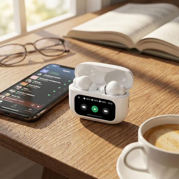 Wireless in-ear headphones: intuitive LCD touchscreen, ANC, 4‑mic ENC for crystal-clear calls, 6–7 h battery – perfect for business, sports & travel