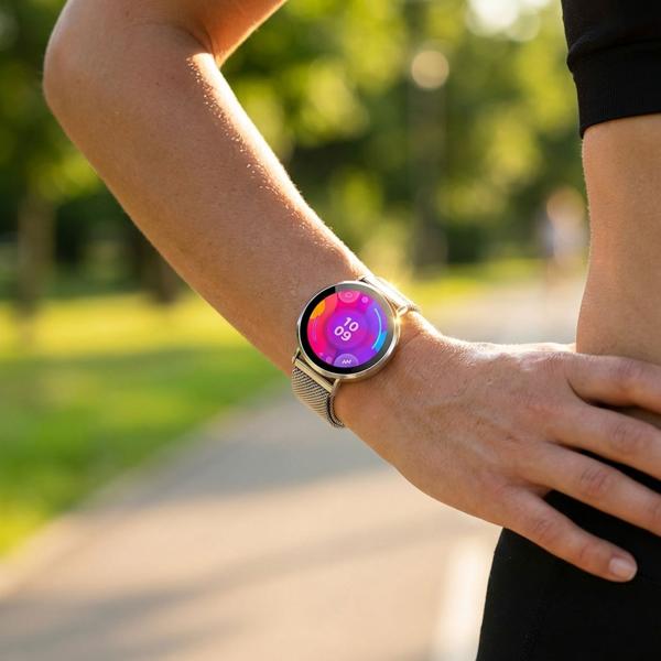 Montre Connectée Bluetooth Argent, &Eacute;cran AMOLED 1,32“ : IP68 Étanche, Capteur Tension/Fréquence Cardiaque/SpO₂/Stress - Parfaite pour le sport, les appels et le fitness