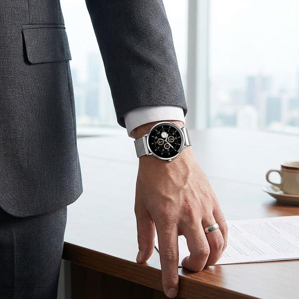 Montre Connectée Bluetooth Argent, &Eacute;cran AMOLED 1,32“ : IP68 Étanche, Capteur Tension/Fréquence Cardiaque/SpO₂/Stress - Parfaite pour le sport, les appels et le fitness