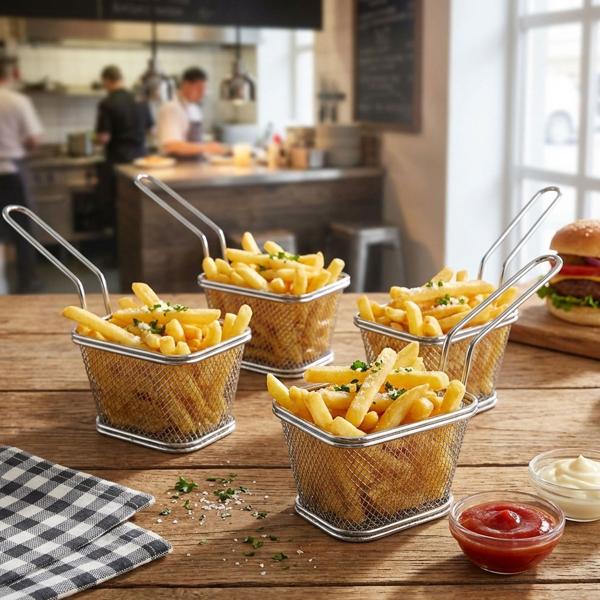 Set di 4 eleganti mini cestini da portata cromati – piccolo cestino per patatine, cestino in filo metallico per la presentazione di snack – robusto cestino a rete con manico