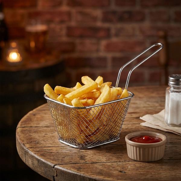 Set di 4 eleganti mini cestini da portata cromati – piccolo cestino per patatine, cestino in filo metallico per la presentazione di snack – robusto cestino a rete con manico