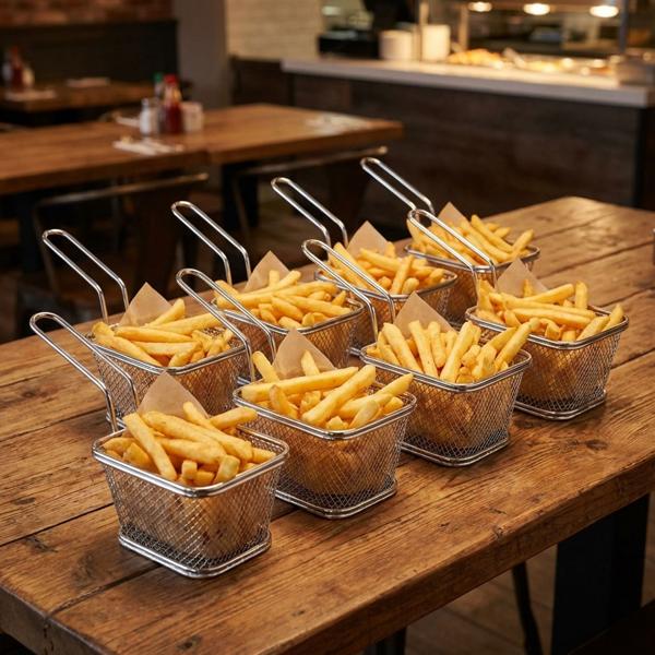 Lot de 8 élégants mini paniers de service chromés - petit panier à frites, panier en fil métallique pour présentation de snacks - panier grillagé robuste avec poignée