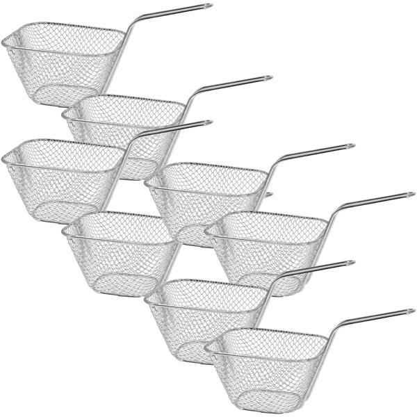 Lot de 8 élégants mini paniers de service chromés - petit panier à frites, panier en fil métallique pour présentation de snacks - panier grillagé robuste avec poignée