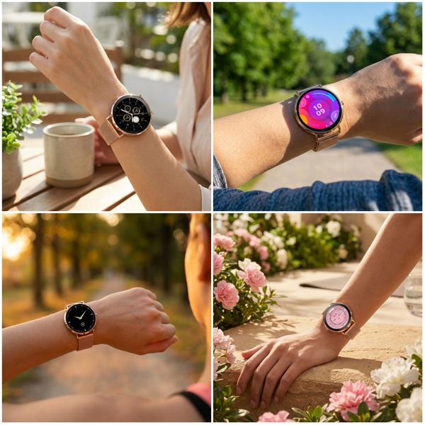 Smartwatch Bluetooth Or Rose, Écran AMOLED 1,32“ : IP68 Étanche, Capteur Tension/Cardio/SpO₂/Stress - Parfaite pour le sport, les appels & le fitness