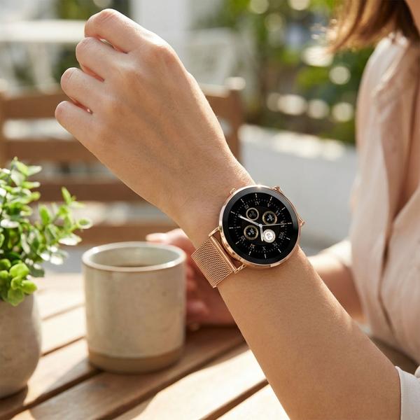 Smartwatch Bluetooth Or Rose, Écran AMOLED 1,32“ : IP68 Étanche, Capteur Tension/Cardio/SpO₂/Stress - Parfaite pour le sport, les appels & le fitness