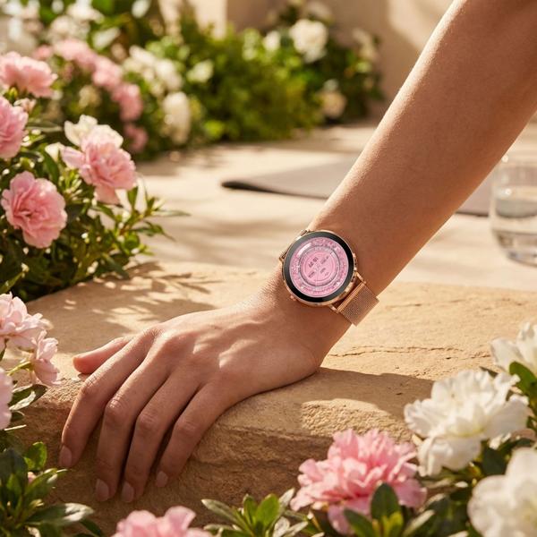 Smartwatch Bluetooth Or Rose, Écran AMOLED 1,32“ : IP68 Étanche, Capteur Tension/Cardio/SpO₂/Stress - Parfaite pour le sport, les appels & le fitness