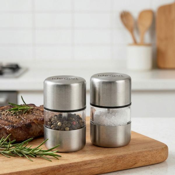 Set of 2 mini stainless-steel salt and pepper mills with ceramic grinder – spice mill for salt, pepper, herbs – acrylic glass viewing window – silver