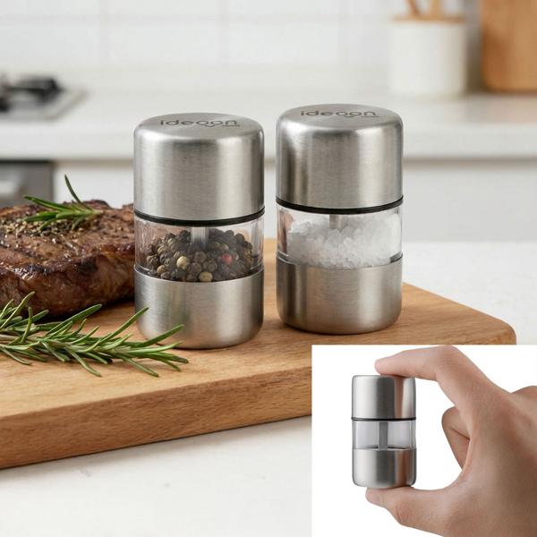 Set of 2 mini stainless-steel salt and pepper mills with ceramic grinder – spice mill for salt, pepper, herbs – acrylic glass viewing window – silver