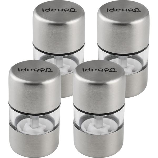 Set of 4 mini salt and pepper mills made of stainless steel with ceramic grinder – spice mill for salt, pepper, herbs – acrylic viewing window – silver