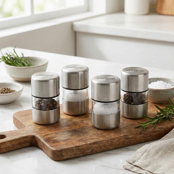 Set of 4 mini salt and pepper mills made of stainless steel with ceramic grinder – spice mill for salt, pepper, herbs – acrylic viewing window – silver