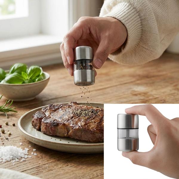 Set of 4 mini salt and pepper mills made of stainless steel with ceramic grinder – spice mill for salt, pepper, herbs – acrylic viewing window – silver