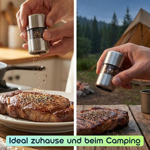 4er-Set Mini Salz- Pfeffermühle Set aus Edelstahl mit Keramikmahlwerk - Gewürzmühle für Salz Pfeffer Kräuter - Acrylglas Sichtfenster - Silber