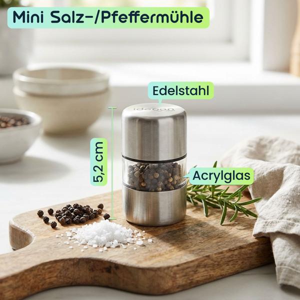 4er-Set Mini Salz- Pfeffermühle aus Edelstahl mit Keramikmahlwerk - Gewürzmühle für Salz Pfeffer Kräuter - Acrylglas Sichtfenster - Silber