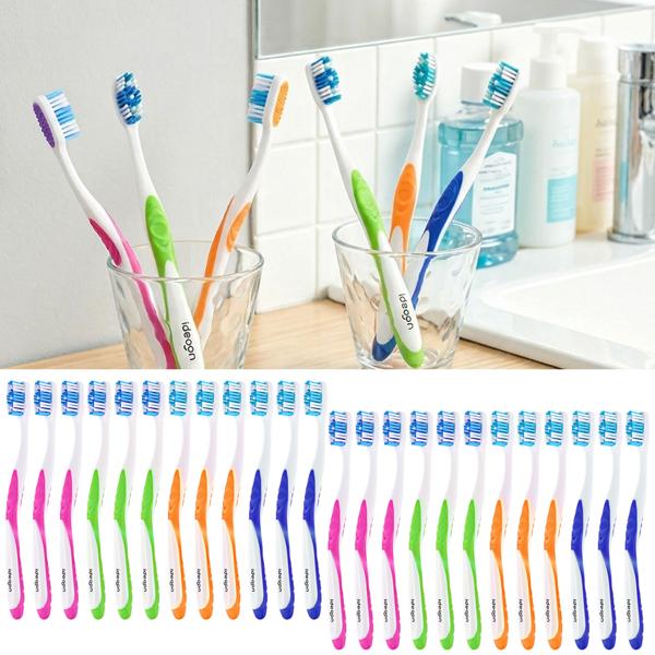 Toothbrushes 24-pack with tongue cleaner – ultra-soft manual toothbrush set in 4 colours for the family – non-slip handle for optimal care