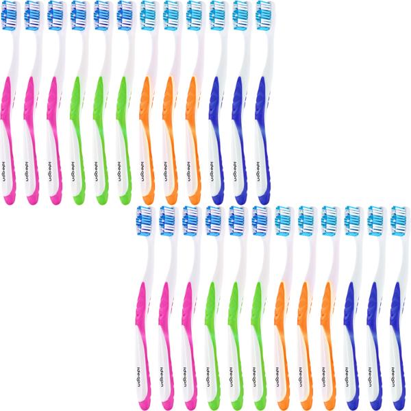 Toothbrushes 24-pack with tongue cleaner – hard manual toothbrush set in 4 colours for the family – non-slip handle for optimal care