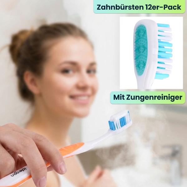 Zahnbürsten 24er-Pack mit Zungenreiniger – Hart Handzahnbürsten Set in 4 Farben für die Familie – Rutschfester Griff für optimale Pflege