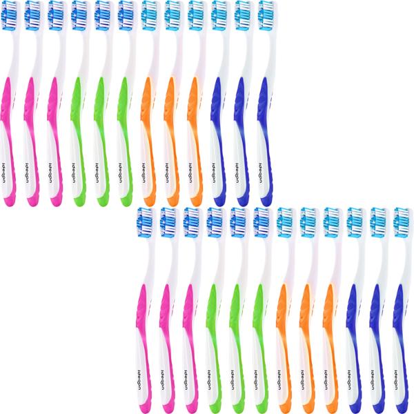 Zahnbürsten 24er-Pack mit Zungenreiniger – Medium Handzahnbürsten Set in 4 Farben für die Familie – Rutschfester Griff für optimale Pflege