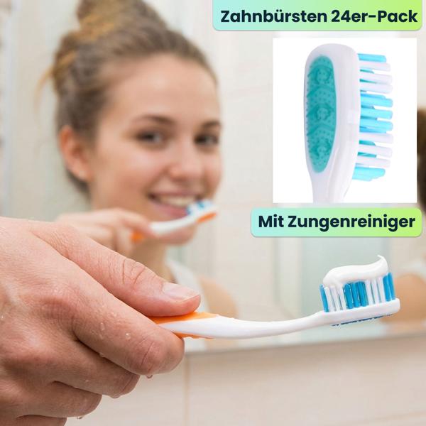 Zahnbürsten 24er-Pack mit Zungenreiniger – Medium Handzahnbürsten Set in 4 Farben für die Familie – Rutschfester Griff für optimale Pflege