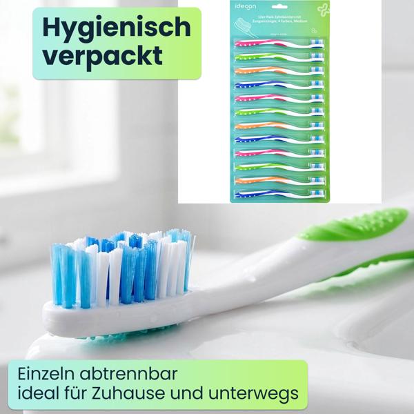 Zahnbürsten 24er-Pack mit Zungenreiniger – Medium Handzahnbürsten Set in 4 Farben für die Familie – Rutschfester Griff für optimale Pflege