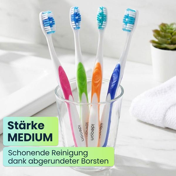 Zahnbürsten 24er-Pack mit Zungenreiniger – Medium Handzahnbürsten Set in 4 Farben für die Familie – Rutschfester Griff für optimale Pflege