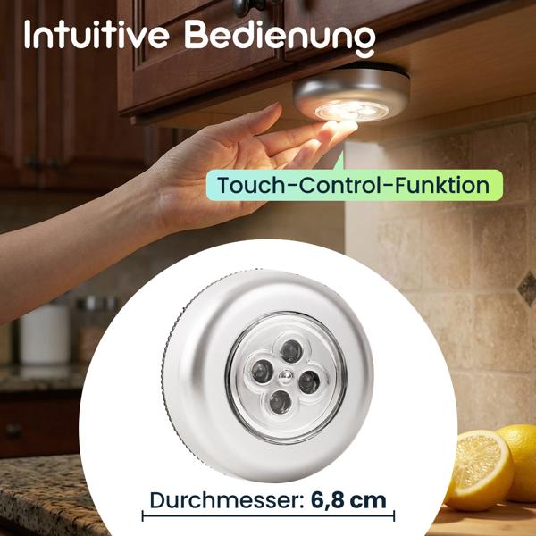 Helle LED-Unterbauleuchten 6er-Set mit Touch-Control, batteriebetriebene Schrankleuchten, selbstklebend - kabellose Push-Lights für Schränke