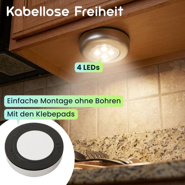 Helle LED-Unterbauleuchten 6er-Set mit Touch-Control, batteriebetriebene Schrankleuchten, selbstklebend - kabellose Push-Lights für Schränke