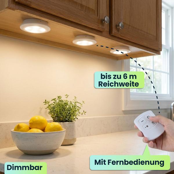 LED Unterbauleuchten 6er Set mit Fernbedienung & Touch - Batteriebetrieben Dimmbar Neutralweiss - Selbstklebende Spotlights mit Timer Ø9x2cm 3W