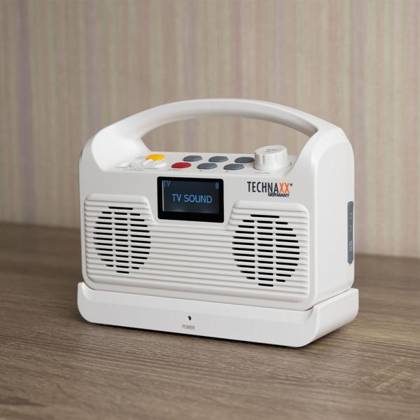 Altoparlante TV wireless: aiuto all’ascolto mobile per televisore – stazione base, Bluetooth, LCD, radio, SOS e connessione ottica – perfetto per anziani