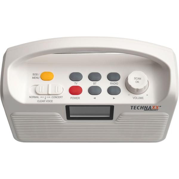 Altoparlante TV wireless: aiuto all’ascolto mobile per televisore – stazione base, Bluetooth, LCD, radio, SOS e connessione ottica – perfetto per anziani