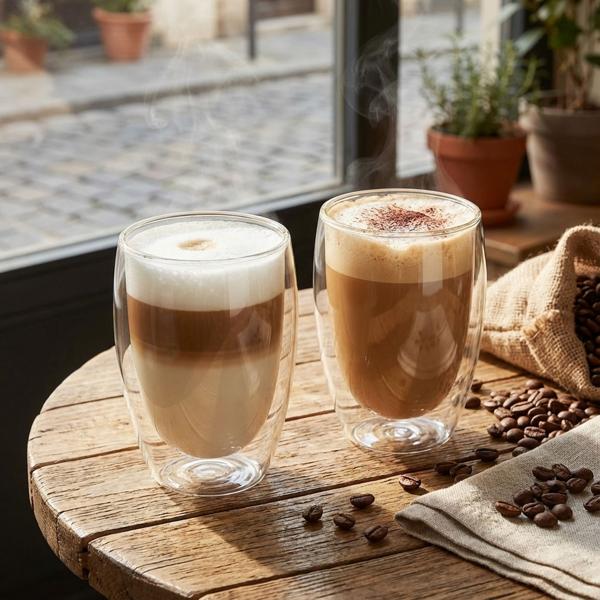 Set of 2 Double-Walled Coffee Glasses, 350 ml each, floating effect, heat-resistant barista glass, cappuccino, latte macchiato, tea