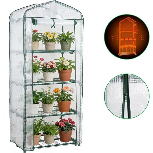 Plastic film greenhouse 49x69x160 cm with 4 levels, stable propagation house with 120gsm PE mesh film, roll-up door, steel frame & plug-in system for balcony and garden