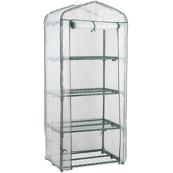 Plastic film greenhouse 49x69x160 cm with 4 levels, stable propagation house with 120gsm PE mesh film, roll-up door, steel frame & plug-in system for balcony and garden