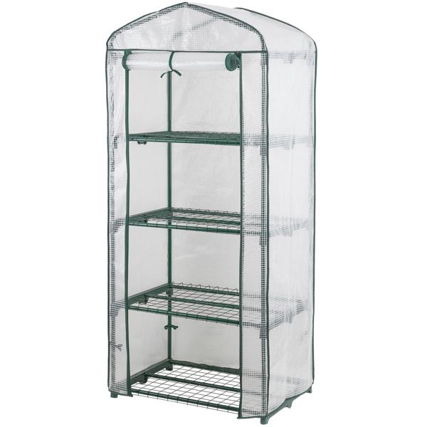 Plastic film greenhouse 49x69x160 cm with 4 levels, stable propagation house with 120gsm PE mesh film, roll-up door, steel frame & plug-in system for balcony and garden