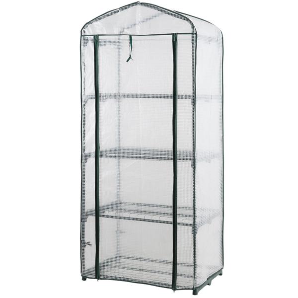 Plastic film greenhouse 49x69x160 cm with 4 levels, stable propagation house with 120gsm PE mesh film, roll-up door, steel frame & plug-in system for balcony and garden