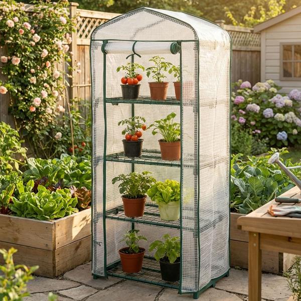 Plastic film greenhouse 49x69x160 cm with 4 levels, stable propagation house with 120gsm PE mesh film, roll-up door, steel frame & plug-in system for balcony and garden