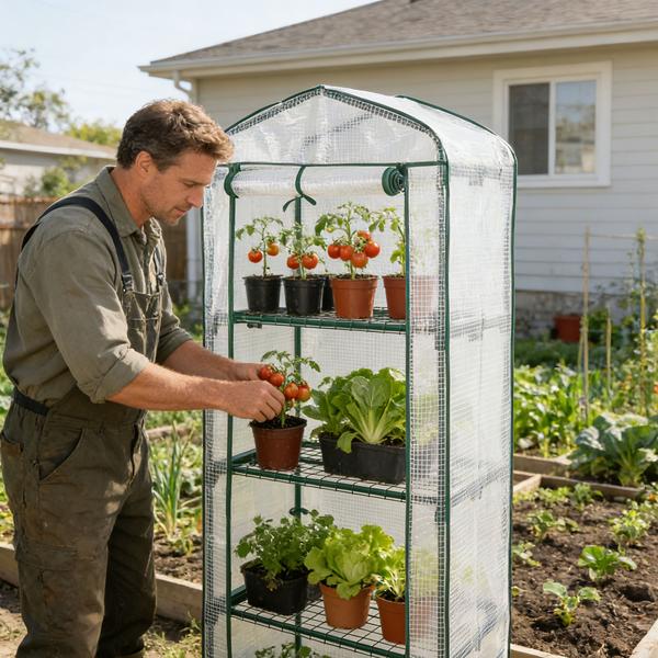 Plastic film greenhouse 49x69x160 cm with 4 levels, stable propagation house with 120gsm PE mesh film, roll-up door, steel frame & plug-in system for balcony and garden