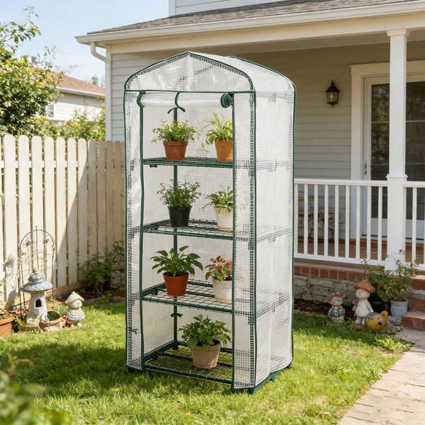 Plastic film greenhouse 49x69x160 cm with 4 levels, stable propagation house with 120gsm PE mesh film, roll-up door, steel frame & plug-in system for balcony and garden
